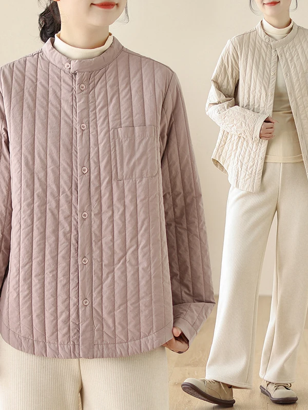 تأثير التخسيس القطن irt Thiened عارضة مخطط مبطن الدافئة خفيفة الوزن القطن معطف الوقوف طوق الشتاء الملابس النسائية #1