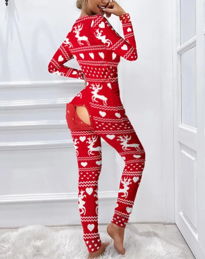 Sexy Pajama Jumpsuit Casual Women's Clothes Plunge Long Sleeve Skinny Christmas Cutout Functional Buttoned Flap Adults Pajamas