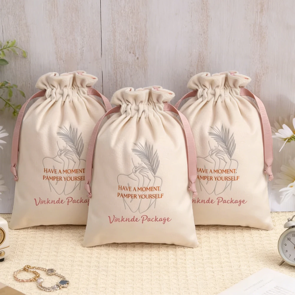 

Custom Logo Beige White Velvet Jewelry Packaging Pouches Small Gift Ribbon Drawstring Bags Necklace Bracelet Earrings Storage
