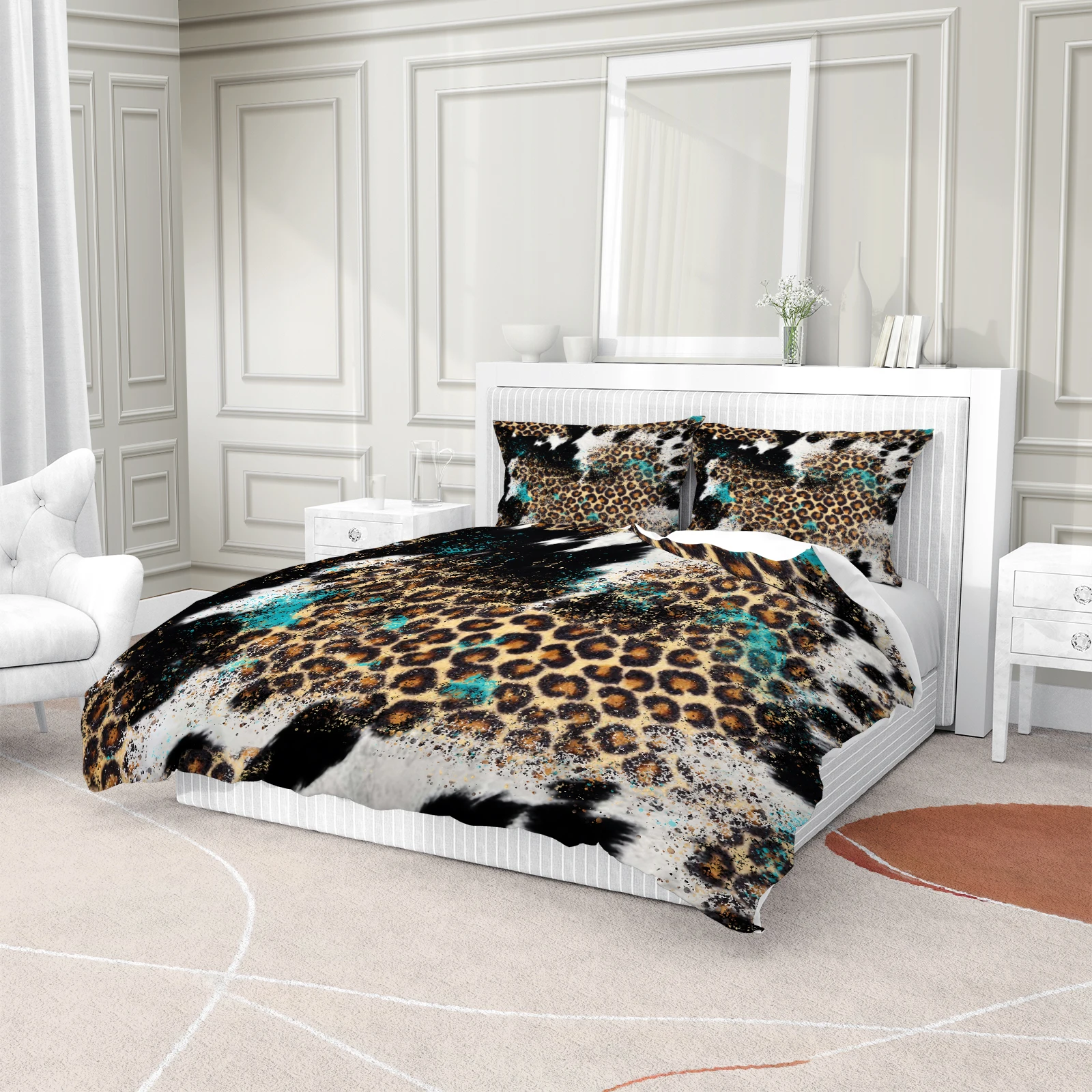 Elegant Leopard Cow Print Duvet Cover Set Western Turquoise Splash Ink Bedding Set Rustic Animal Pattern Polyester Quilt Cover