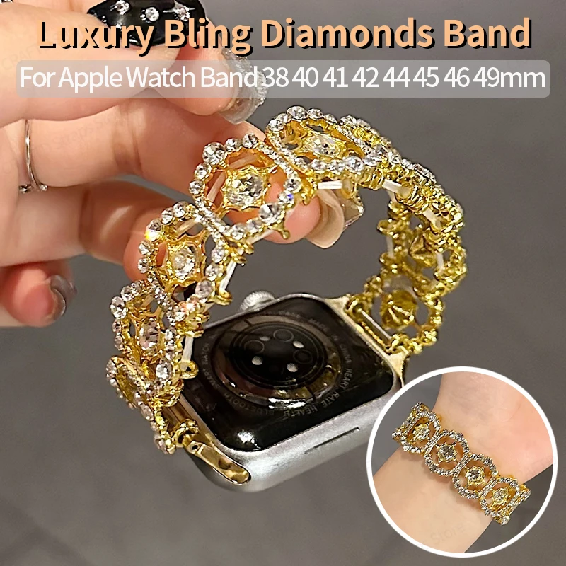 Luxury Bling Rhinestone Metal Strap for Xiaomi Mi Band 10 9 8 Hollow Diamond Elastic Bracelet for Redmi Watch 6 5 4 18 20mm 22mm