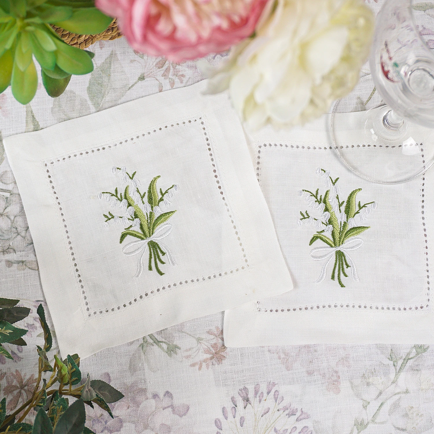 Natural Linen Embroidered Cocktail Napkin Elegant Lily of the Valley Floral Coasters Wedding Dining Table Decor Gift