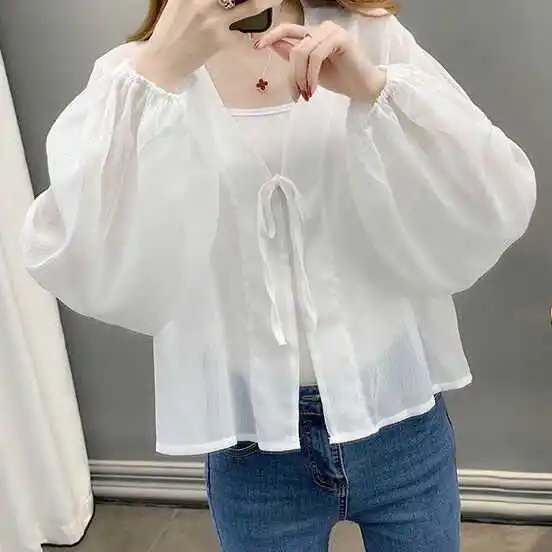 เสื้อคลุมชีฟองกันแดดสำหรับฤดูร้อน หรือเสื้อคลุมบางเบาแบบมีแอร์ ใช้ได้หลากหลาย สไตล์แฟรี่ คลุมไหล่สำหรับชุดเดรส