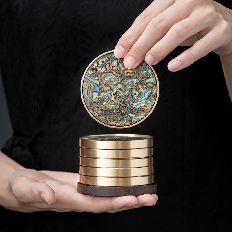 Round Copper Coasters for Cups Thermal Insulation Mat Solid Wood Lacquer Enamel Brass Resin Table Drink Tea Mat