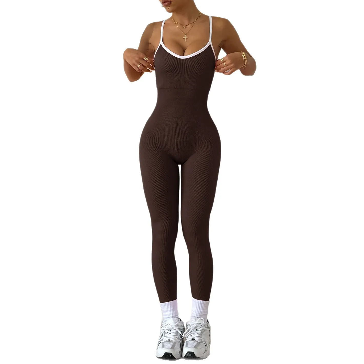 Contrast Strap Outdoor Sports Pants Sleeveless Quick-Drying Threaded Tight Fitness Seamless Yoga Suit Ropa Para Mujer