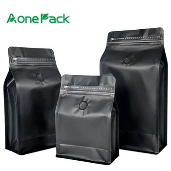 사각 바닥 호일 라미네이트 커피 백 포장, T-지퍼 및 단방향 밸브, 매트 블랙, 100g, 250g, 500g, 340g, 1kg, 50 개