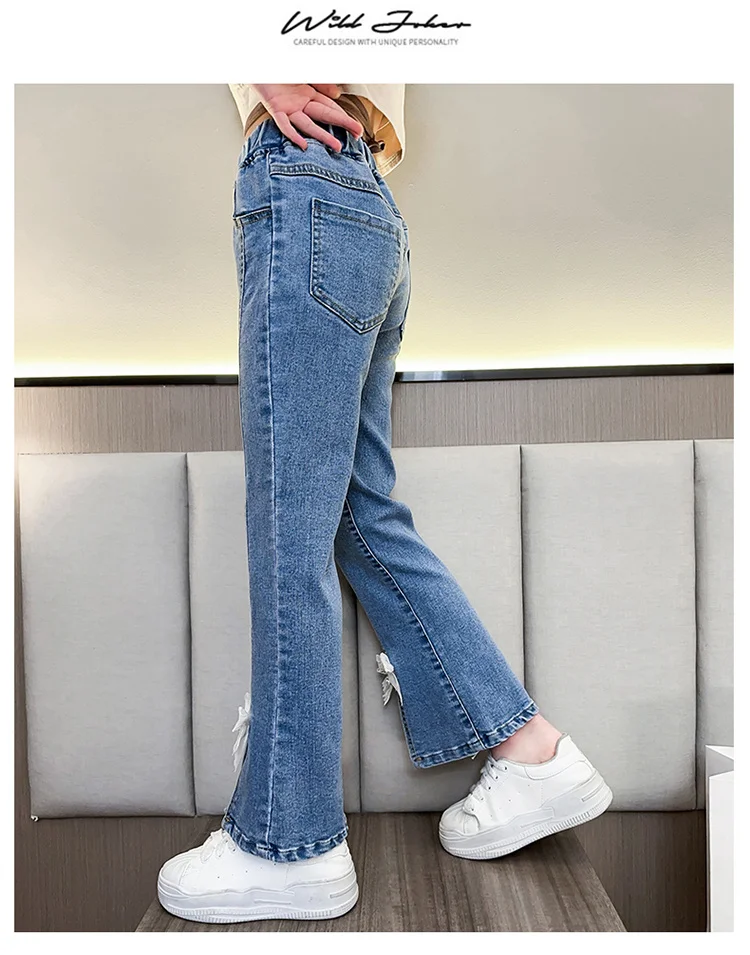 Elegante Kinder-Jeans mit Schlitz und Perlen für Mädchen, schmal geschnittene Denim-Hose mit Schleife, Kinderhose mit Schleife, Größe 5 6 7 8 9 10 11 12 13 14 – Detail 15