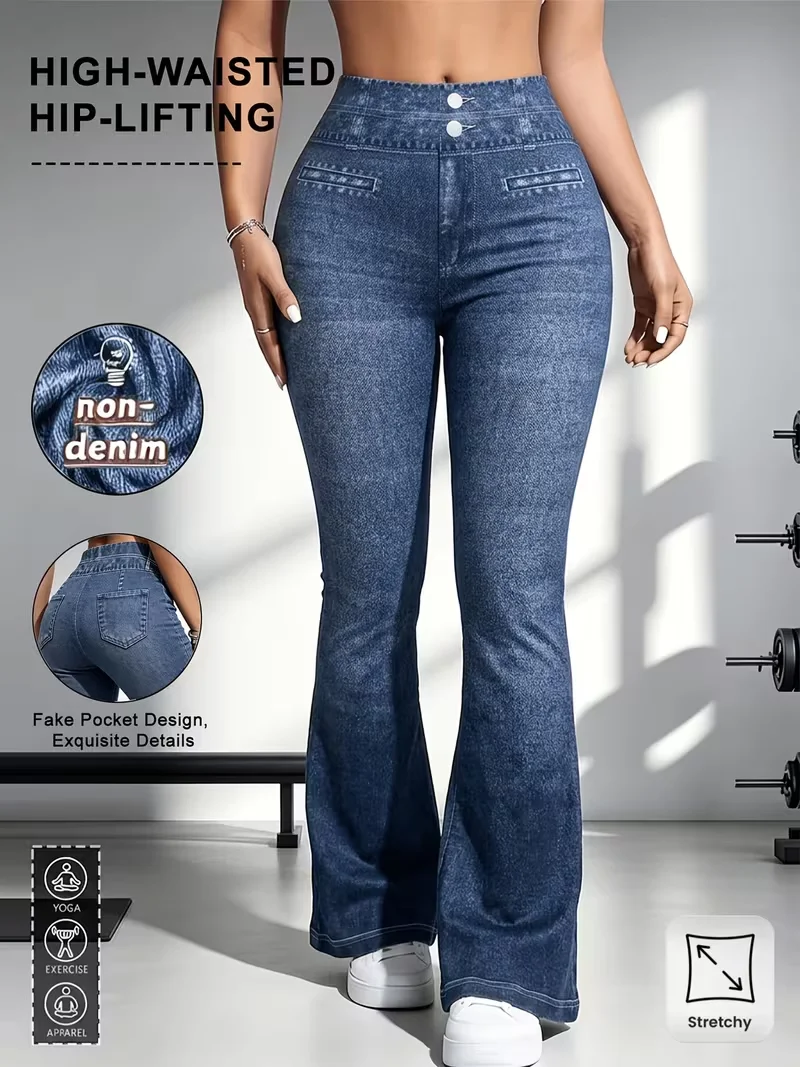 Women Non‑Denim Faux Denim Print Flare Leggings High Waist Double Button Fake Pockets Stretch Bootcut Pants Casual Yoga Bottoms