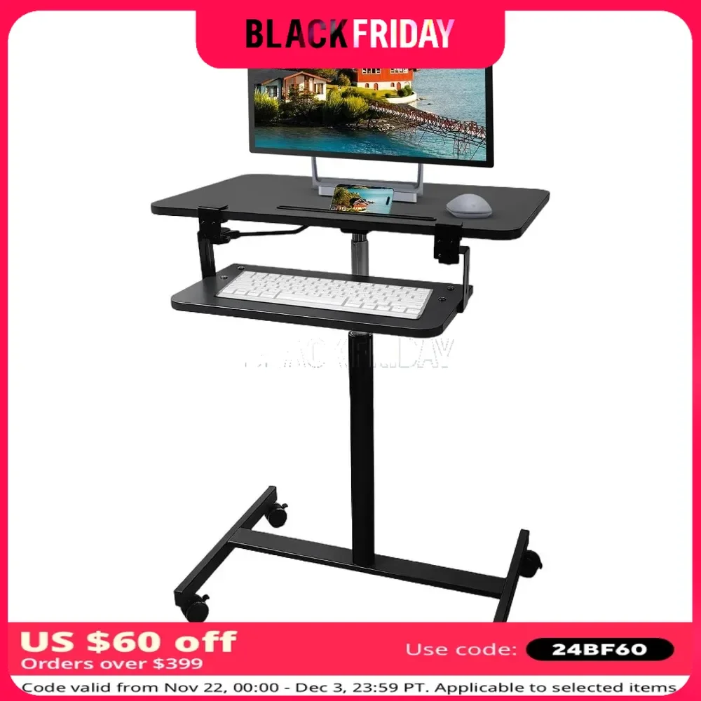 Mobile Standing Desk,Pneumatic Rolling Desk Adjustable Height,Laptop Cart on Wheels with Keyboard Tray&Monitor Stand Riser