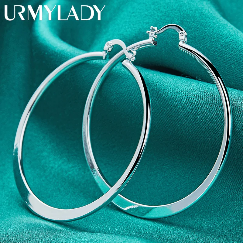 URMYLADY 925 Sterling Silver 55mm Round Flat Earrings For Women Wedding Party Charm Gift Jewelry