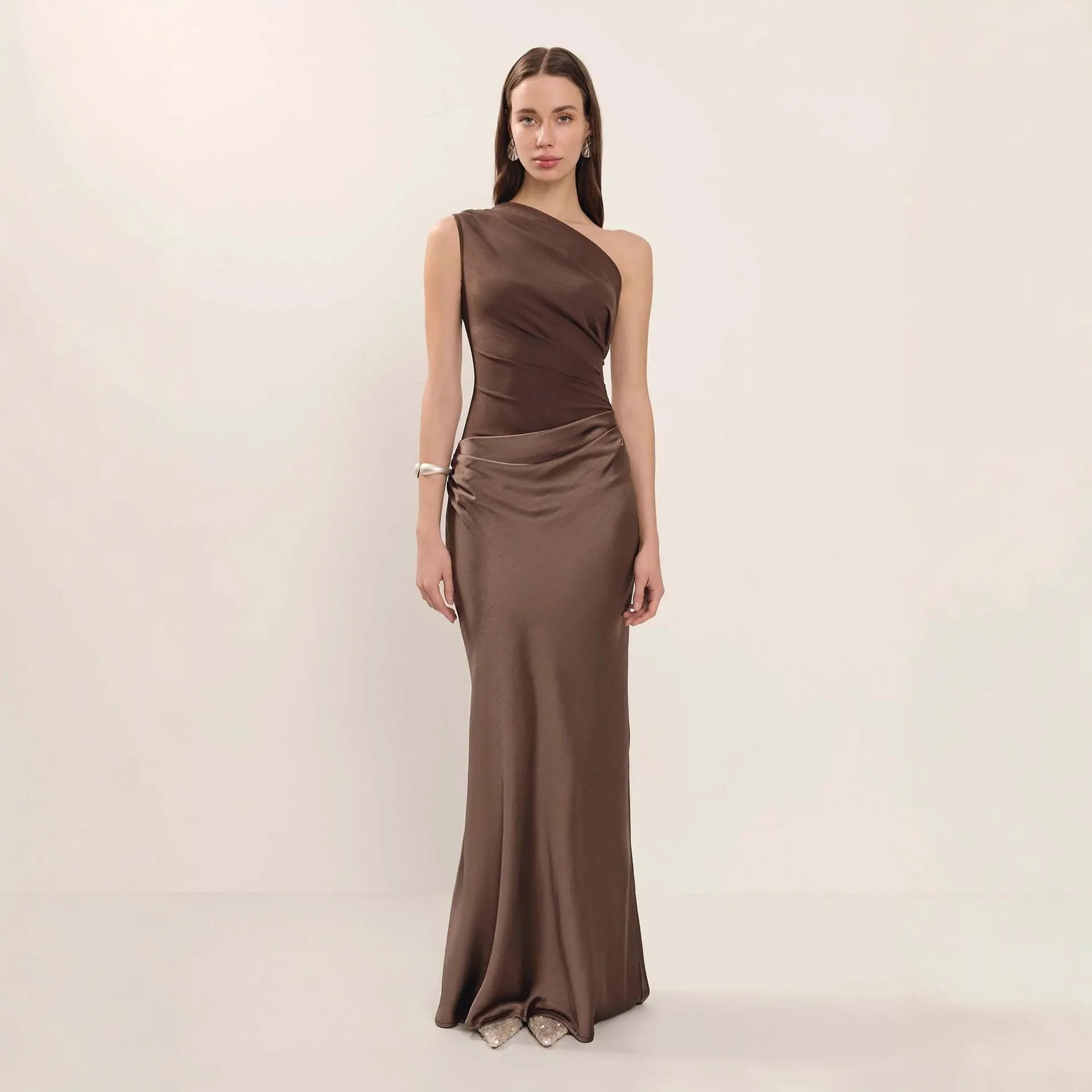Sleeveless Oblique Neck Gown Maxi Length Socialite with Asymmetric Shoulder Asymmetric Neckline Bodycon Dress Summer for Women
