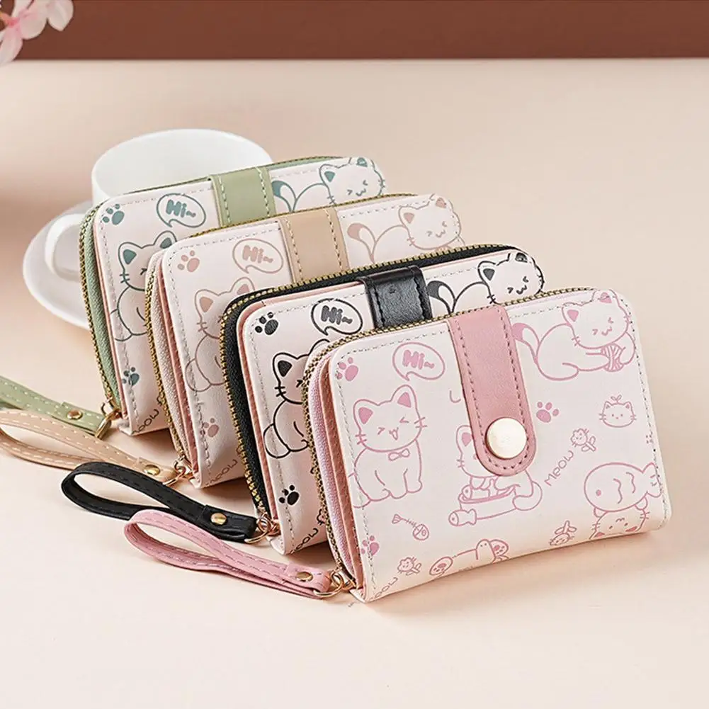 Short Wallet Women Cute Cartoon Student Bi-Fold Card Holder Zipper Coin Purse PU Wristlet Wallet All-In-One Compact Purse