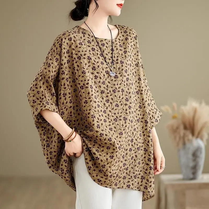 Cotton Linen T Shirts Women Fashion Temperament Print Pullover T-shirt Casual Loose Half Sleeve Oversized Tops Summer Trend Thin