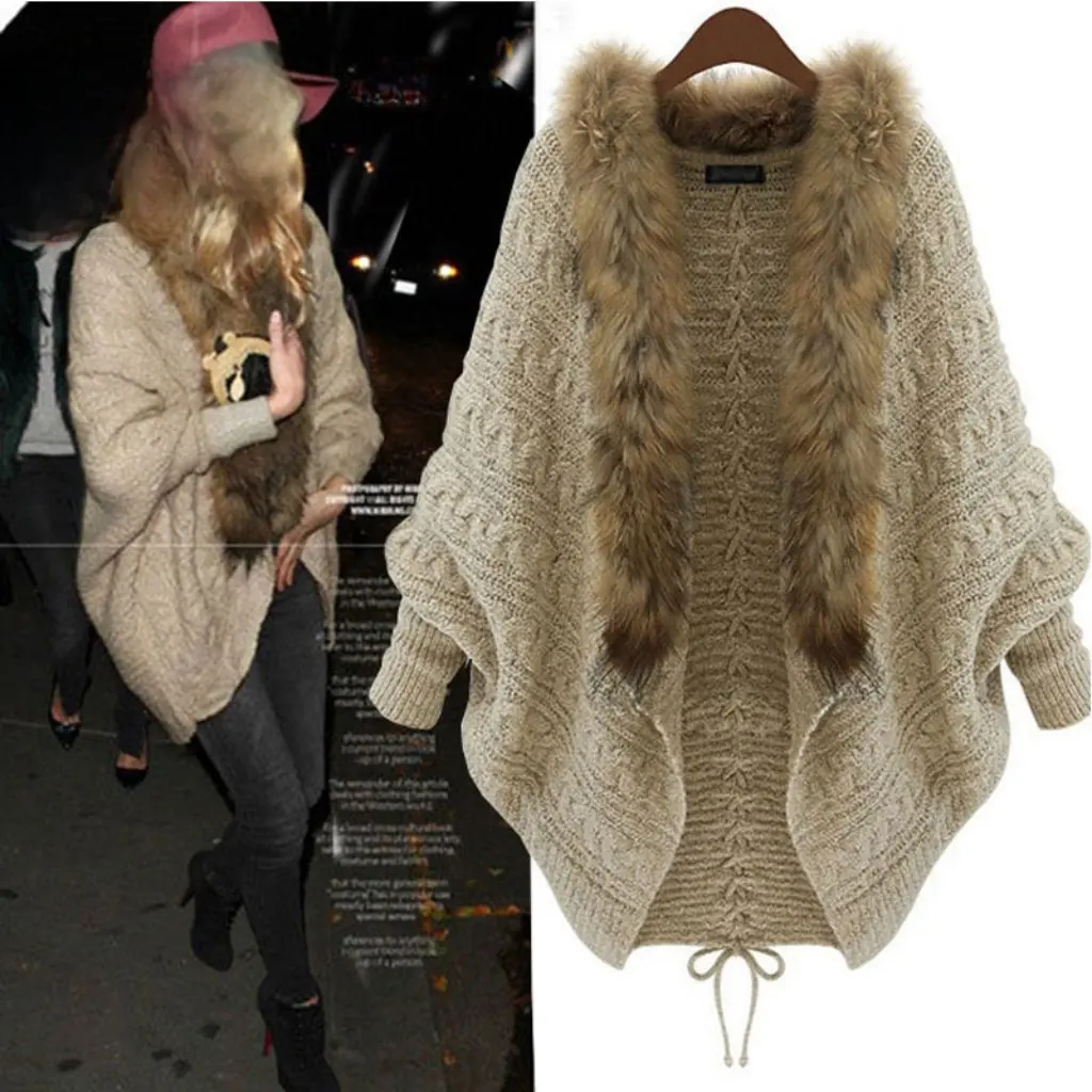 

Women's Batmobile Knitwear Lace-up Cardigan Fur Collar Loose Large Size Fashion Spring Autumn Winter European American Style