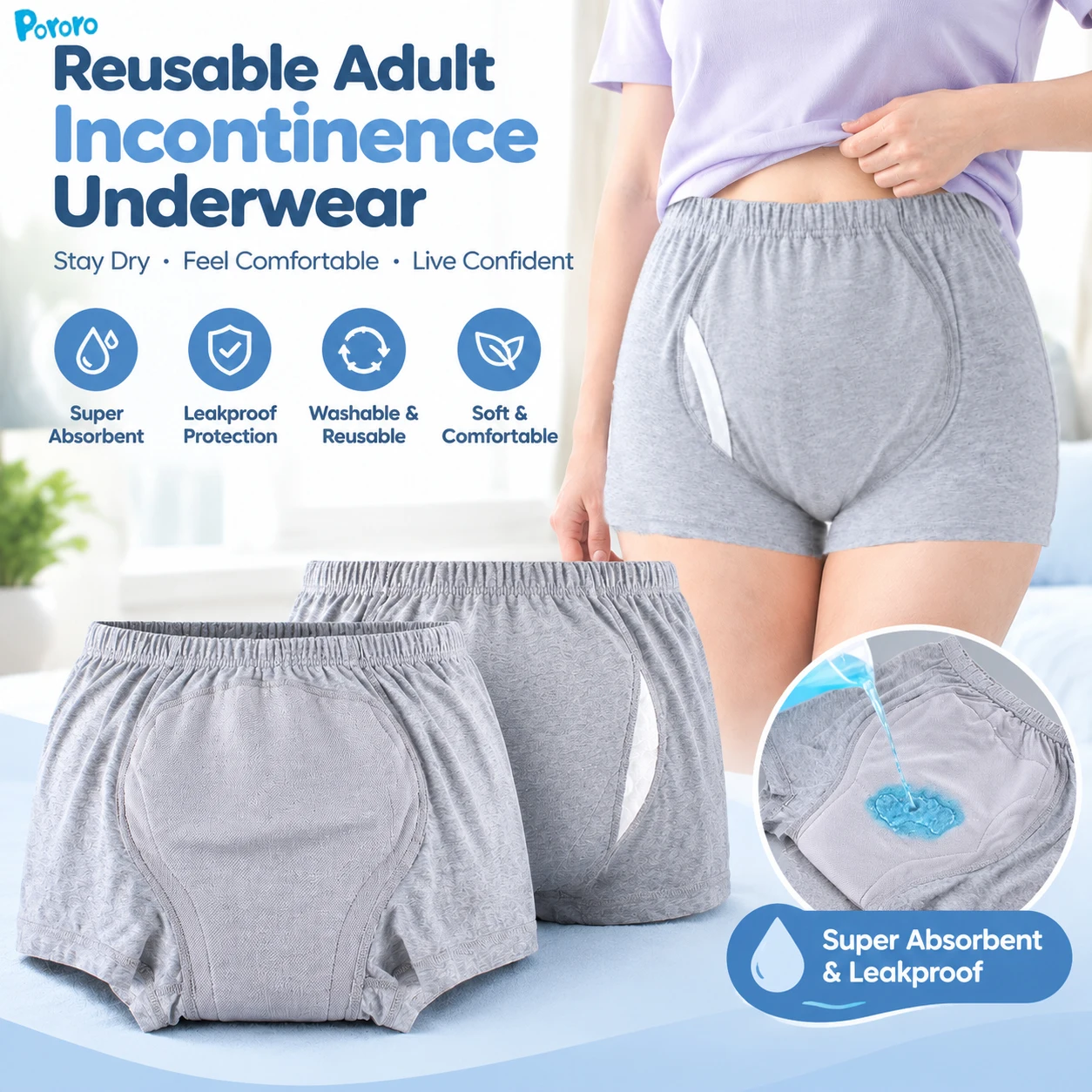 2Pcs Reusable Washable Adult Cloth Diaper Pants Breathable Absorbent Incontinence Pants Leak-Proof Boxer Briefs For Elderly Care