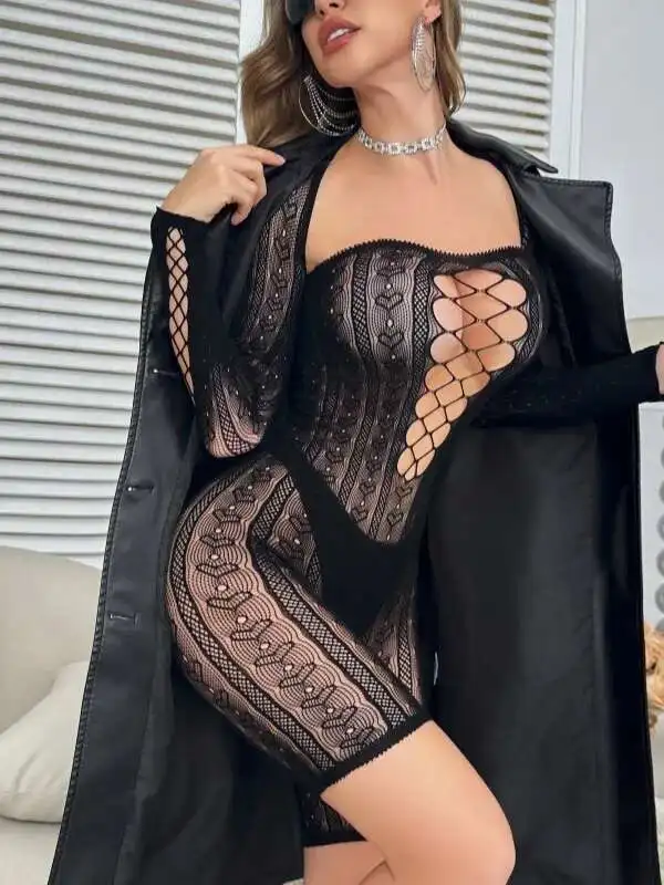 Body Sexy de malla con agujeros, monos transparentes de Color sólido con espalda descubierta y escote en V profundo, monos de manga larga a la cadera, encantador y elegante U5DG