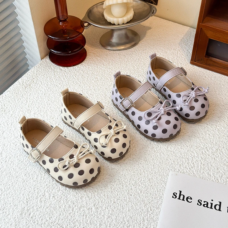 

1-16 Years Old Children's Leather Shoes Four Seasons Polka Dot Girls Single Shoes Light Purple Soft Non-slip Kids Flat Shoes