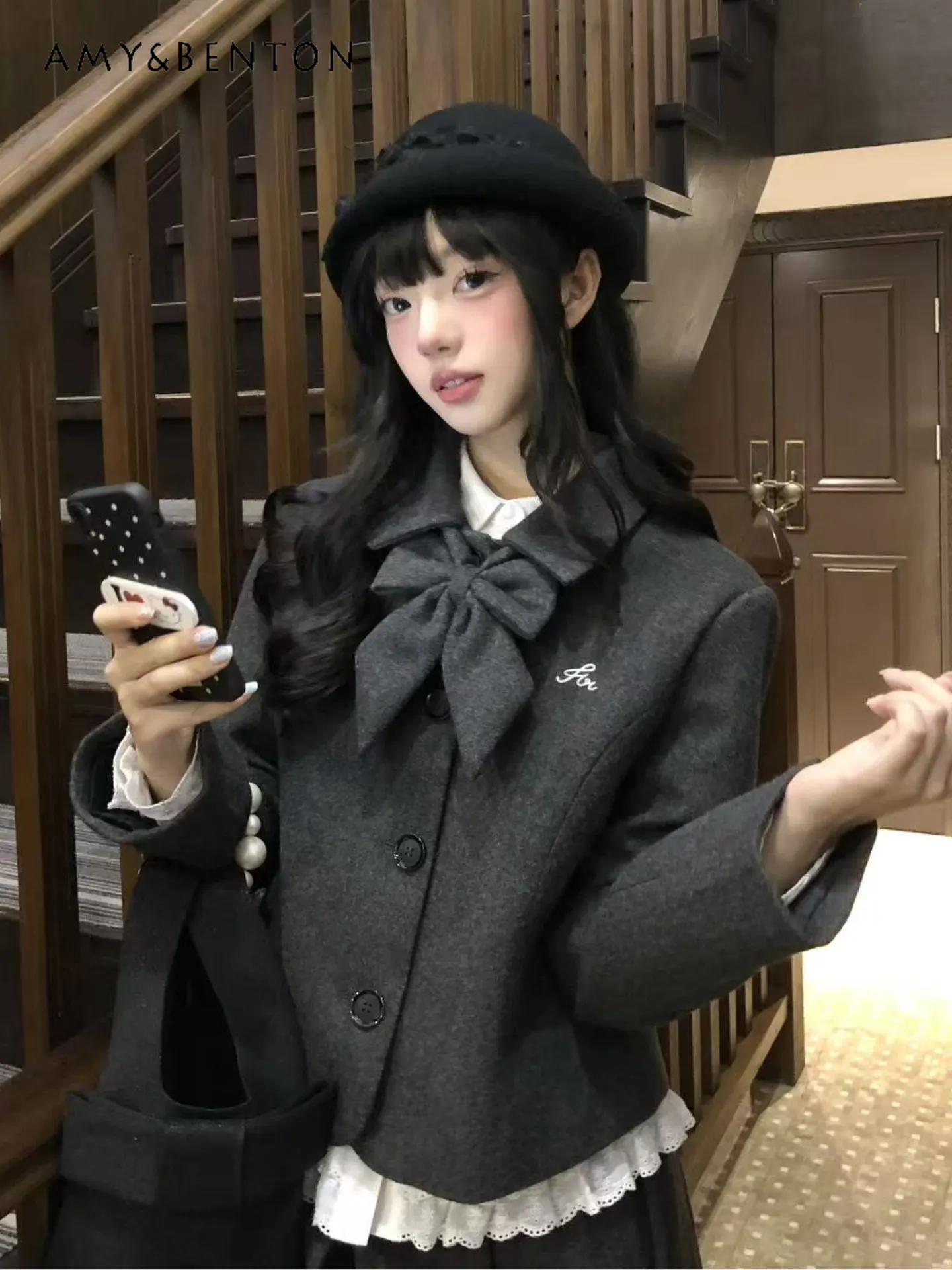 

2025 Autumn Winter New College Style Gray Bow Collar Short Wool JK Uniform Mid-Length High Waist Pleated Skirt