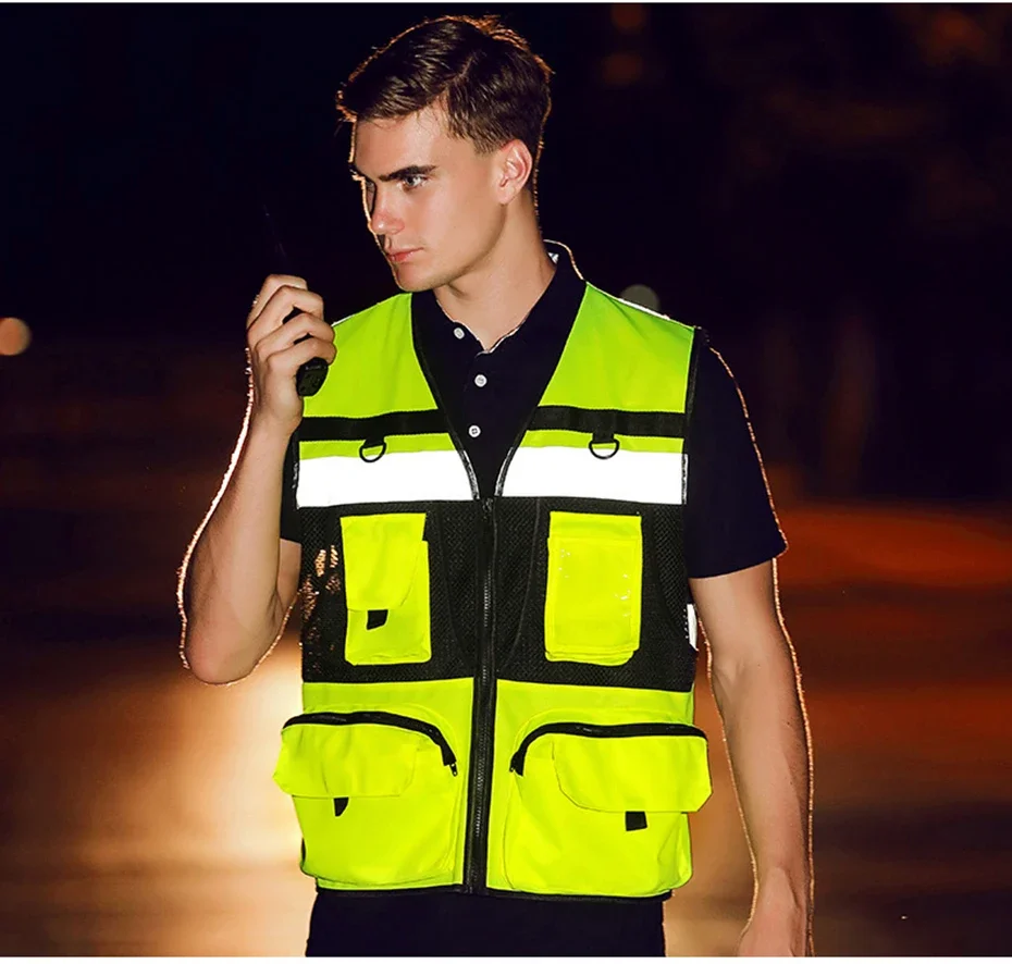 Reflective vest tailcoat with multiple pockets, customized logo, V-shaped reflective vests, wholesale and retail reflective vest
