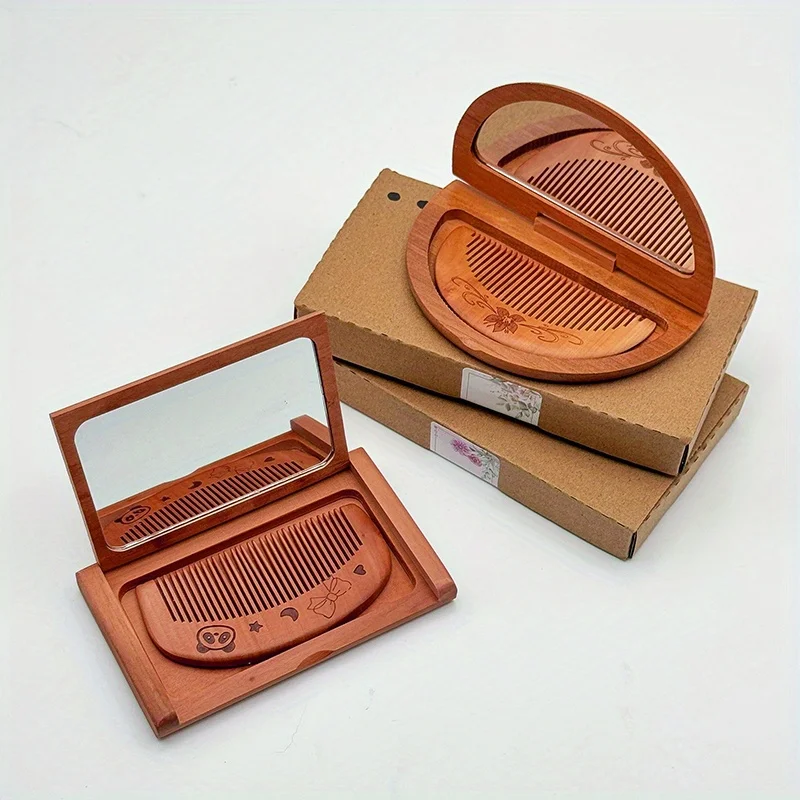 1Set 2-in-1 Holzkamm-Spiegel-Set, Mini-Vintage-Schminkspiegel, rechteckiger tragbarer Klappspiegel aus Pfirsichholz