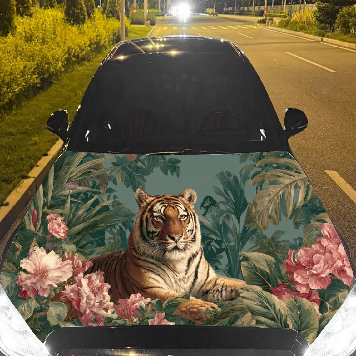 

Car Decal Tiger with Pink Peony & Tropical Foliage Artistic Background & Ferocious-Elegant Aesthetic Car Hood Sticker, Waterproo