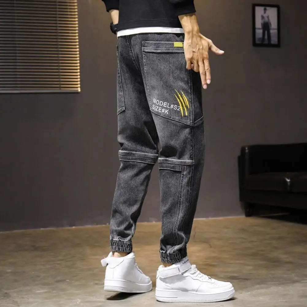 Letter Lace-up Denim Pants Men Trousers Drawstring Ankle Tied Denim Baggy Trousers Cargo Pants Streetwear  pantalones hombre