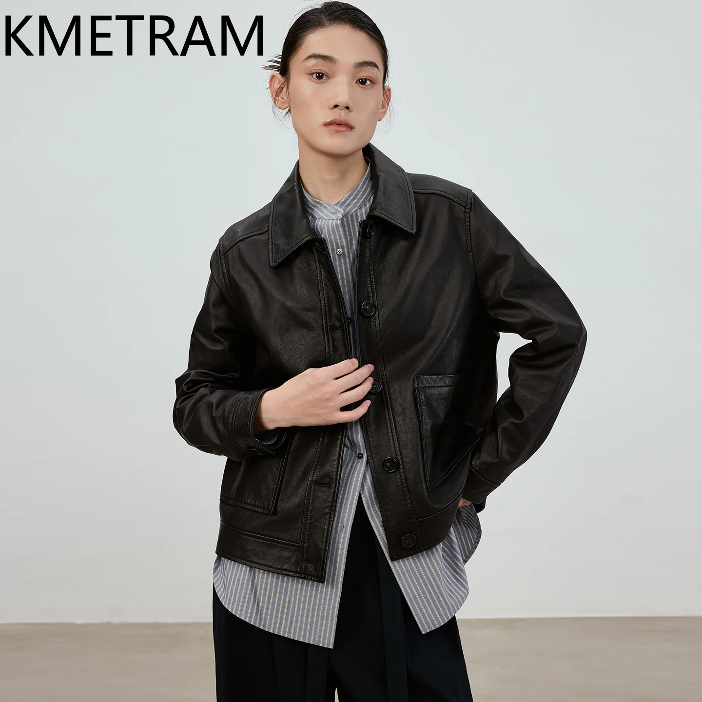 KMETRAM Real Top-Grain Sheepskin Leather Jacket Woman Casual Short Coat Lapel Collar Spring Autumn Jackets Women Clothes 2026 자켓