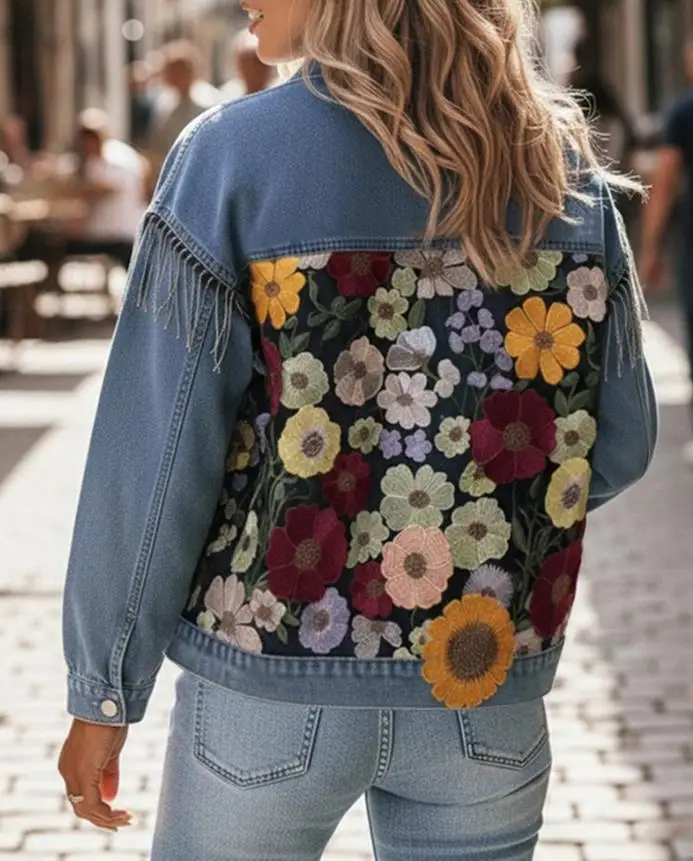 

New Fashion 2025 Elegant Coat Colorblock 3D Flower Lace Embroidery Patch Denim Coat Casual Turn-Down Collar Jacket