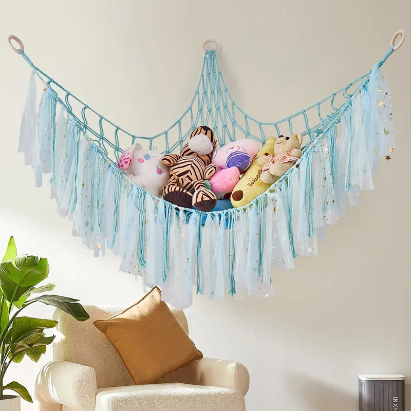 Macrame Toy Hammock Stuffed Animal Net Wall Hanging Plush Toy Storage Boho Nursery Decor Kids Room Organizer for Stuffed Animals