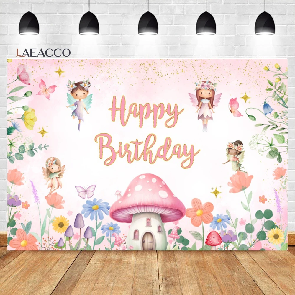 

Laeacco Pink Wildflowers Birthday Backdrop Fairy Tale Gold Elf Flowers Stars Mushroom Girls Kids Custom Photography Background