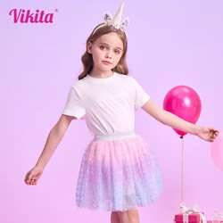 Vikita-saia impressão sereia para meninas, mini-saia com gradiente colorido, para a festa, praia, casual, trajes infantis