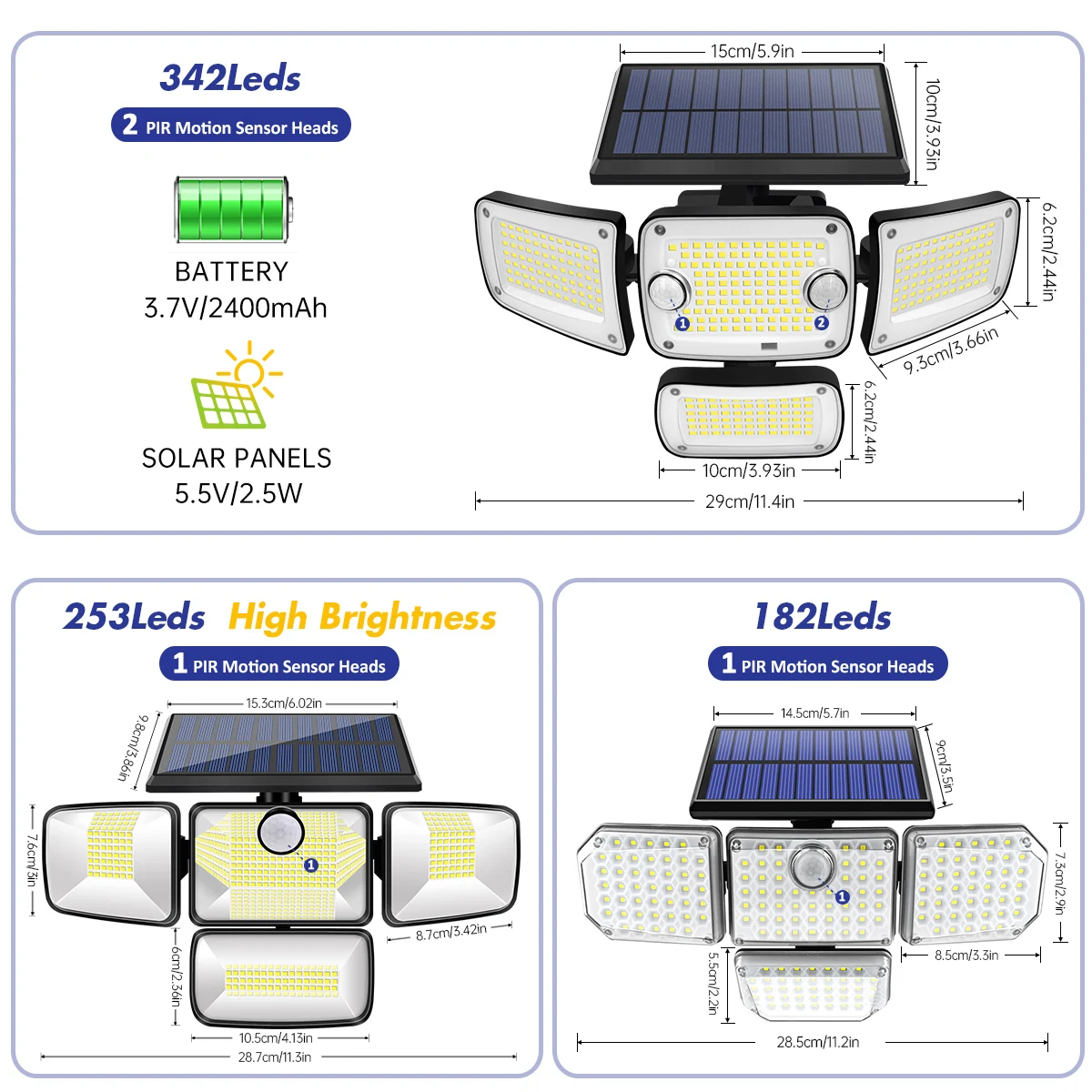 Luci solari per esterni Luci con sensore di movimento solare 342/253/182 Lampada da parete solare di sicurezza a LED con luci di inondazione