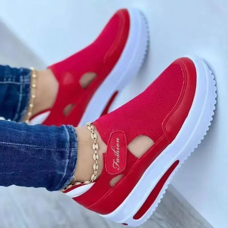 Zapatillas deportivas de lona para mujer, zapatos de plataforma informales, color rojo, tendencia, 2024