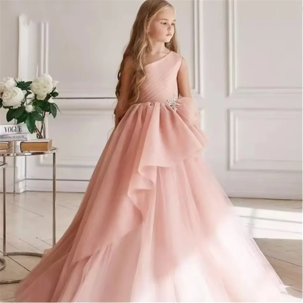 

Elegant Flower Girl Dress for Wedding Backless Bow One Shoulder Princess Children Birthday Party Prom Dress First Communion Gown