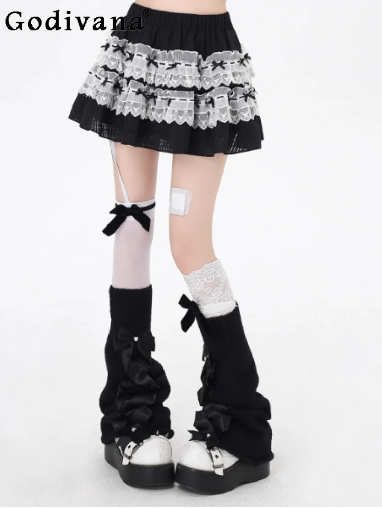 กระโปรงลูกไม้สีดำขาวสไตล์ญี่ปุ่นน่ารัก ดีไซน์โบว์  กระโปรงทรงเค้กเอวสูง  แฟชั่นฤดูใบไม้ผลิและฤดูร้อน  ใส่ได้หลากหลาย  ช่วยให้ดูอ่อนวัย