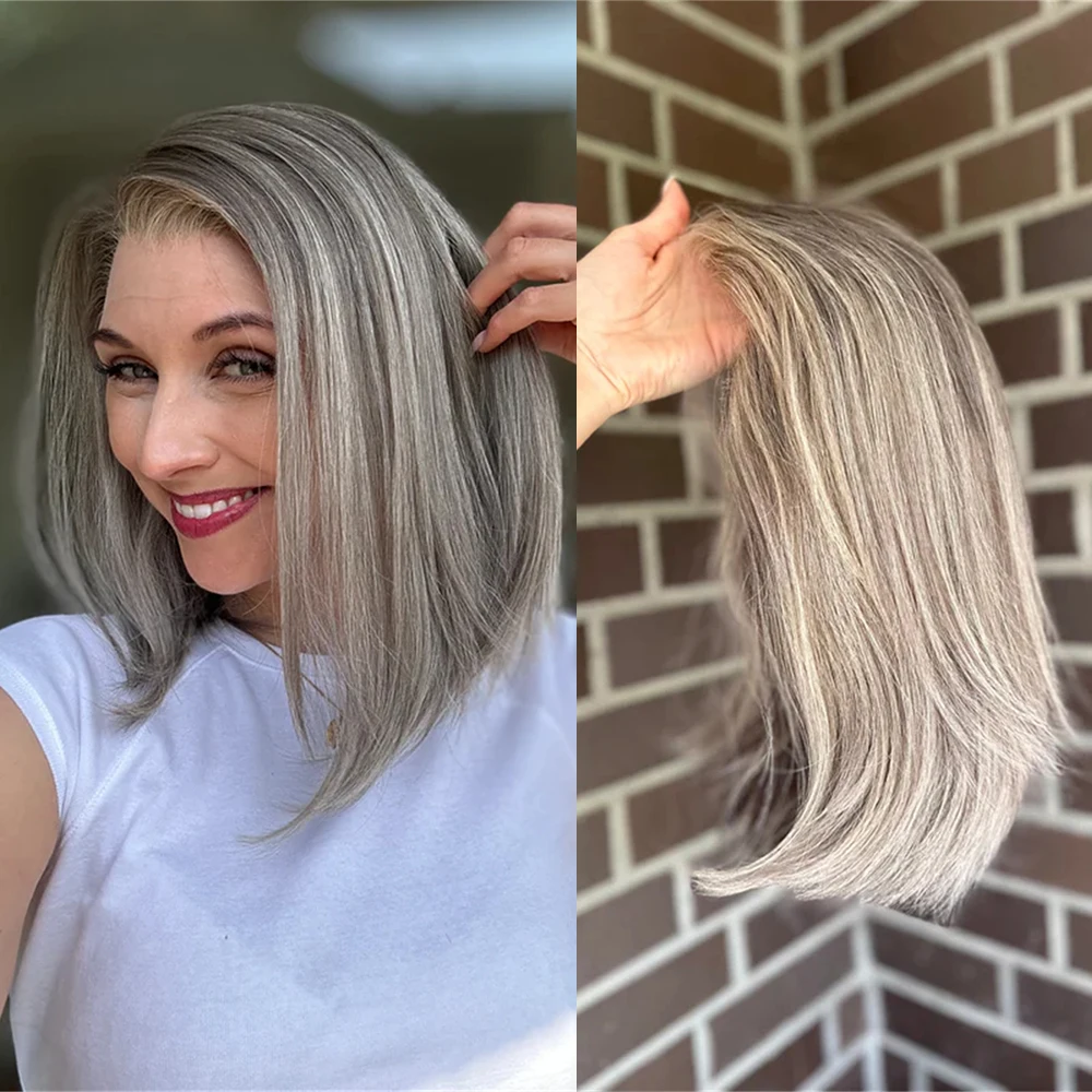 

Синтетический парик 13x4 без клея, балаяж, серо-русый, с HD-кружевом, предварительно прорисованной линией роста волос, термостойкий, короткий прямой боб