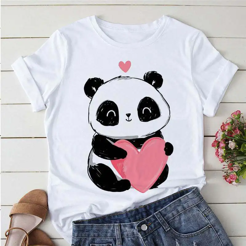 Cartoon Panda Retro Letter Printed Women's White Fashion Trend T-shirt New Personalized Round Neck T-shirt