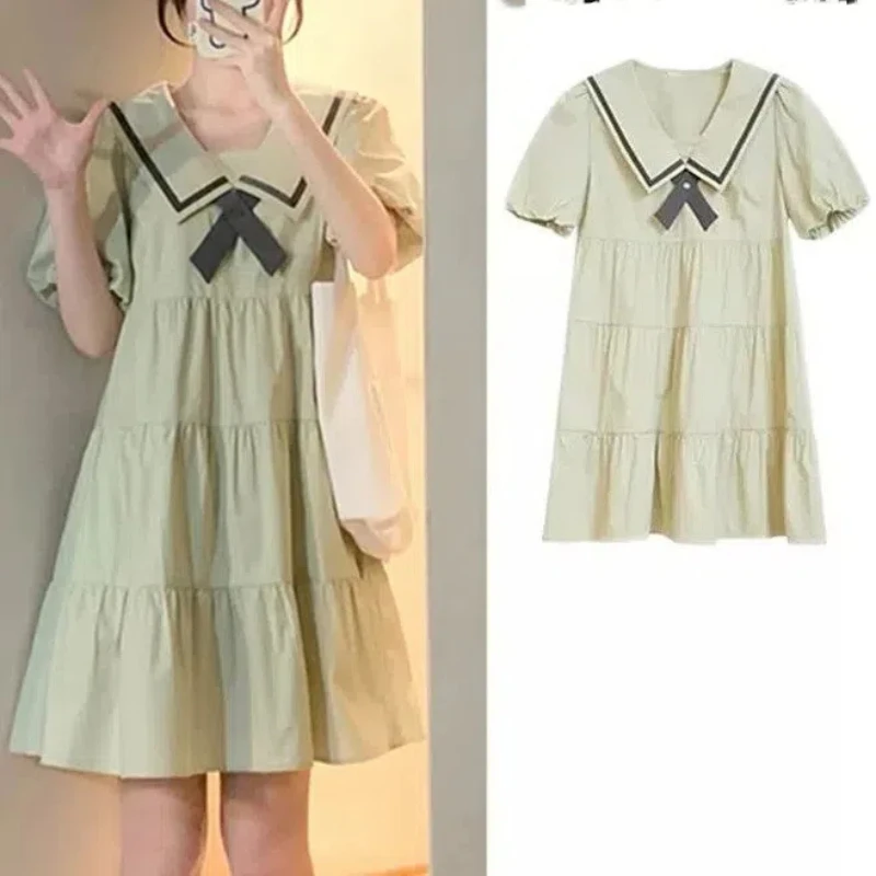 

Women's Summer New Japanese Style Sweet Solid Color Spliced Sailor Collar Bow Ruched Short Sleeve Loose Mid Length A-line Dress