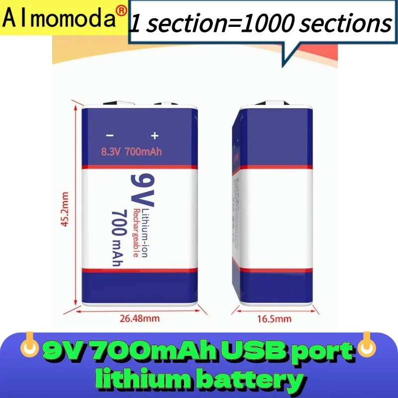 Batteria ricaricabile 9VUSB Metal detector 700mA, multimetro misuratore quadrato da nove volt Batterie agli ioni di litio multimetro Ricarica 1000