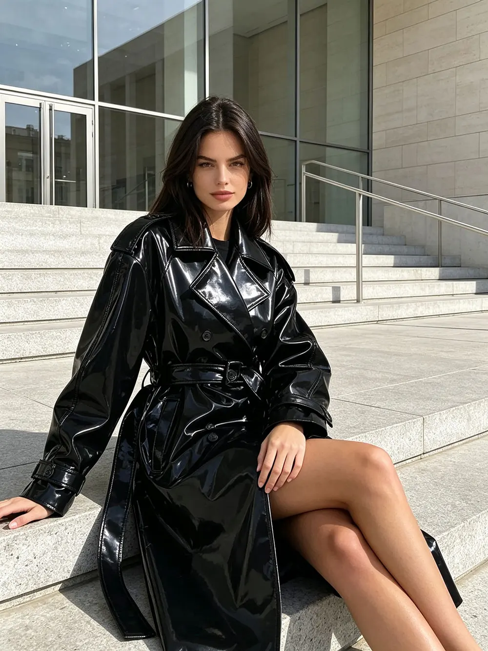 Women's Black Patent PU Leather Long Trench Coat Gothic Style Belted Overcoat Winter Outerwear Pockets Zipper Lapel 2025 Fashion