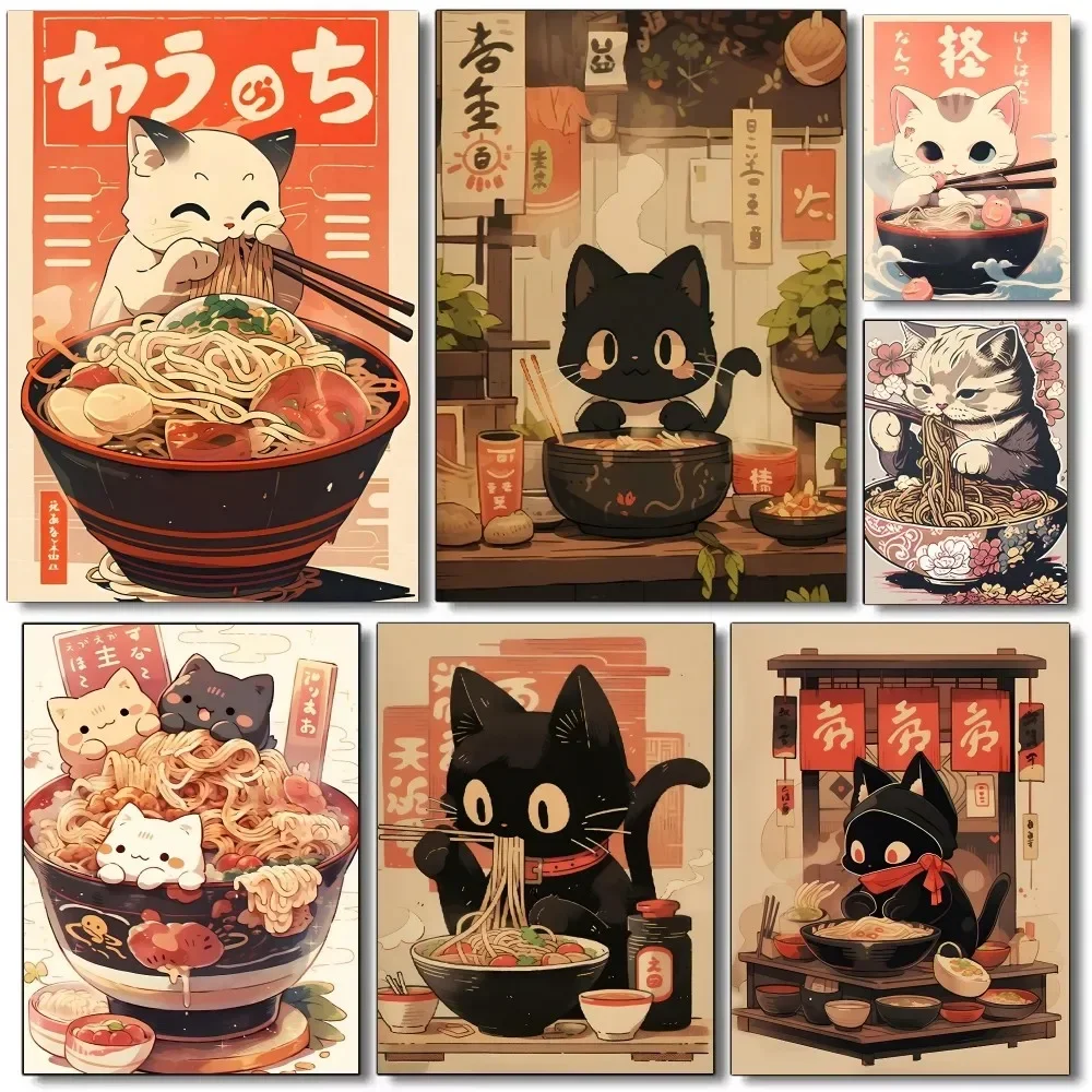 1pc frameless Canvas Painting Stillness Stories  frameless 1pc Hot Style Kawaii Japanese Ramen Animal Cat Poster HD Posters Home