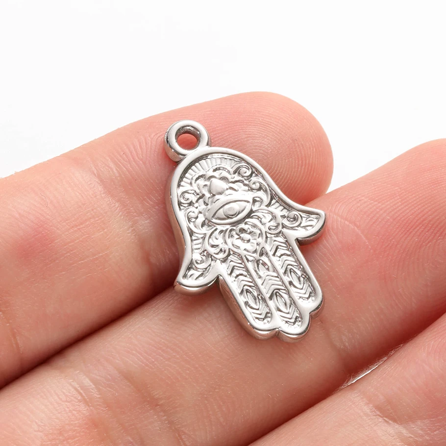 5 Stück Edelstahl-Anhänger mit Fatima-Hand, Herz/Mond/Rundem Bösen Auge für Schmuckherstellung, dunkelblauer Strass-Charm, Großpackung – Detail 17
