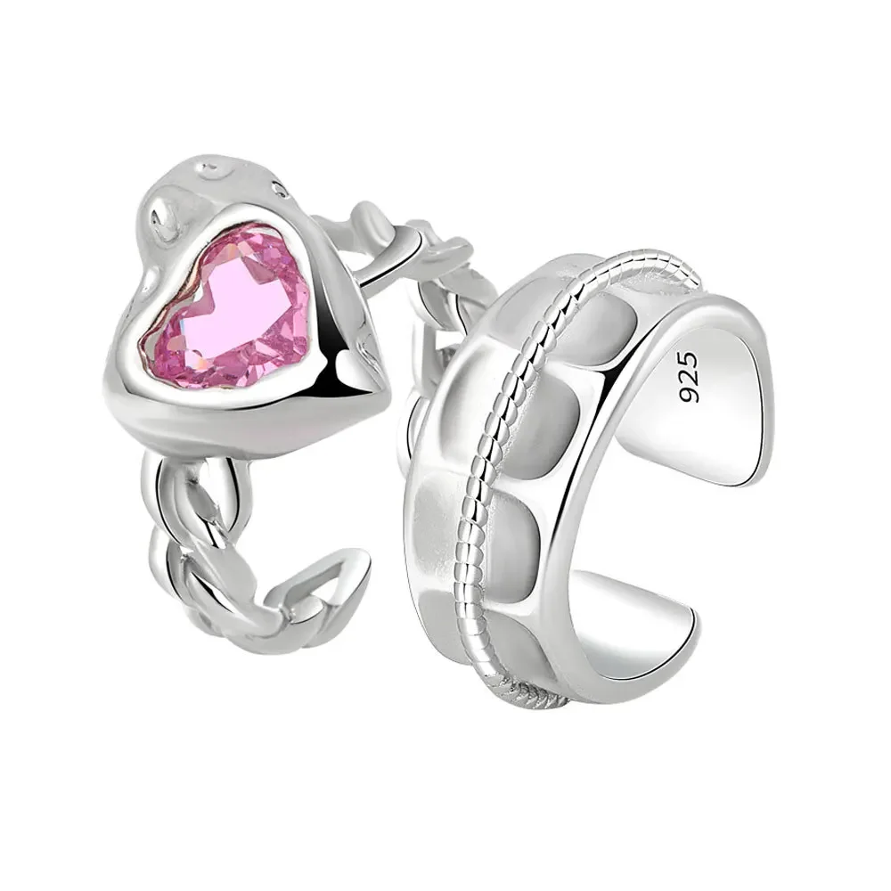 

925 Sterling Silver Smooth Wide Rings for Women Pink Heart Lover Wedding Engagement Trendy Party Fine Jewelry Gift Accessories