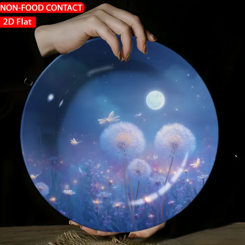 1pc Ceramic Decorative Plate Magical Dandelion Field Blue-2D Planar Circular Porcelain Plate, Not for Food Contact, Home Desk