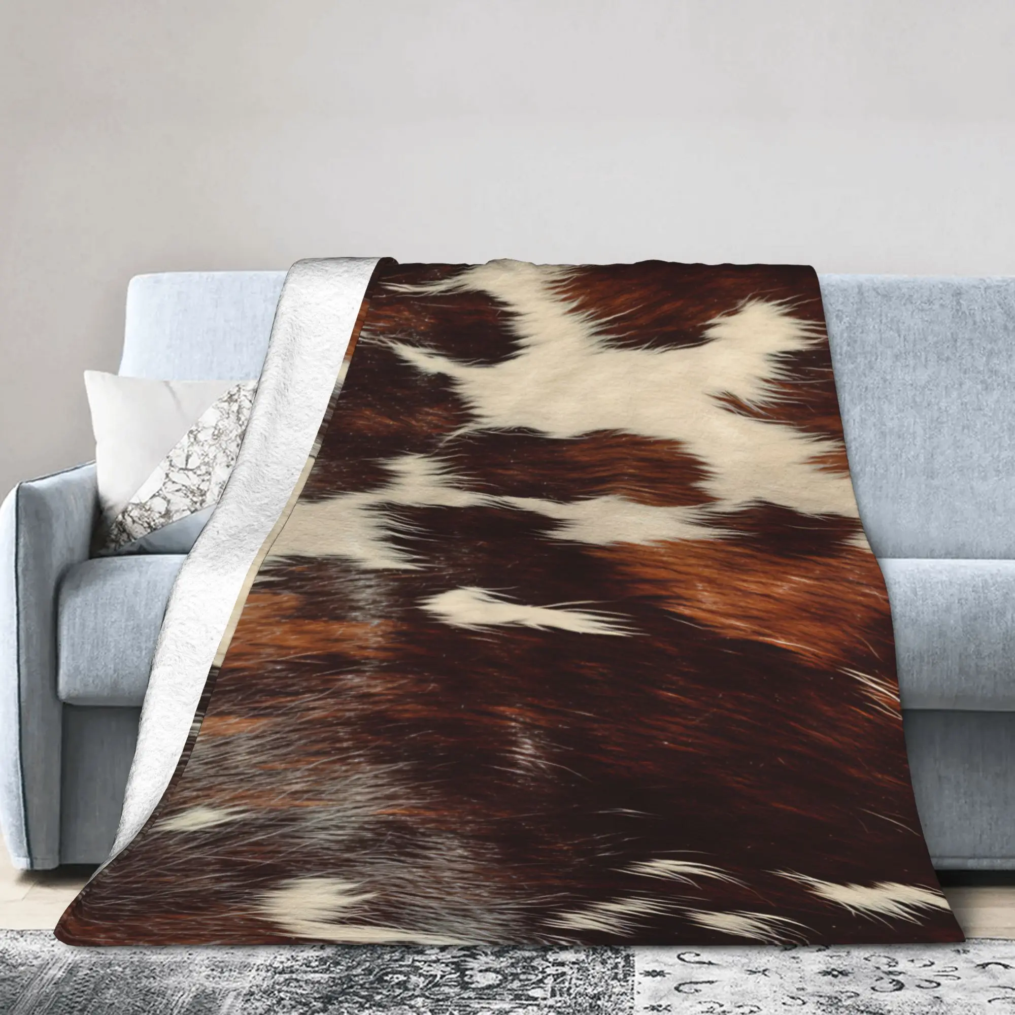 Glossy Brown Cowhide Bedding Throws Warm Cozy Novelty Blanket  For Living Room Travel Office Flannel Bedspread Bed Cover