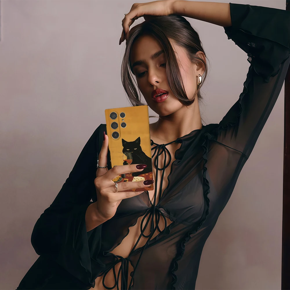 النبيذ والجبن القط قضية الهاتف لسامسونج غالاكسي S25 S24 S23 الترا زائد A35 A55 لامعة HD الغلاف الصلب فيلم قذيفة