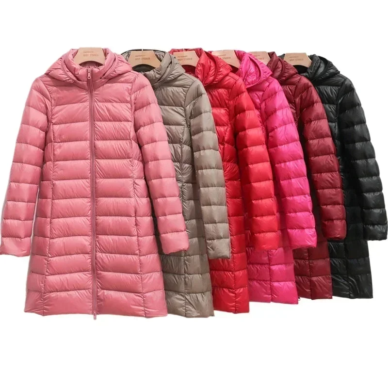 

2025 Winter Women Mid-Long Jacket Thin Lightweight Hooded Down Coat Female Hat Detachable Solid Casual Fit Coat Portable Outwear
