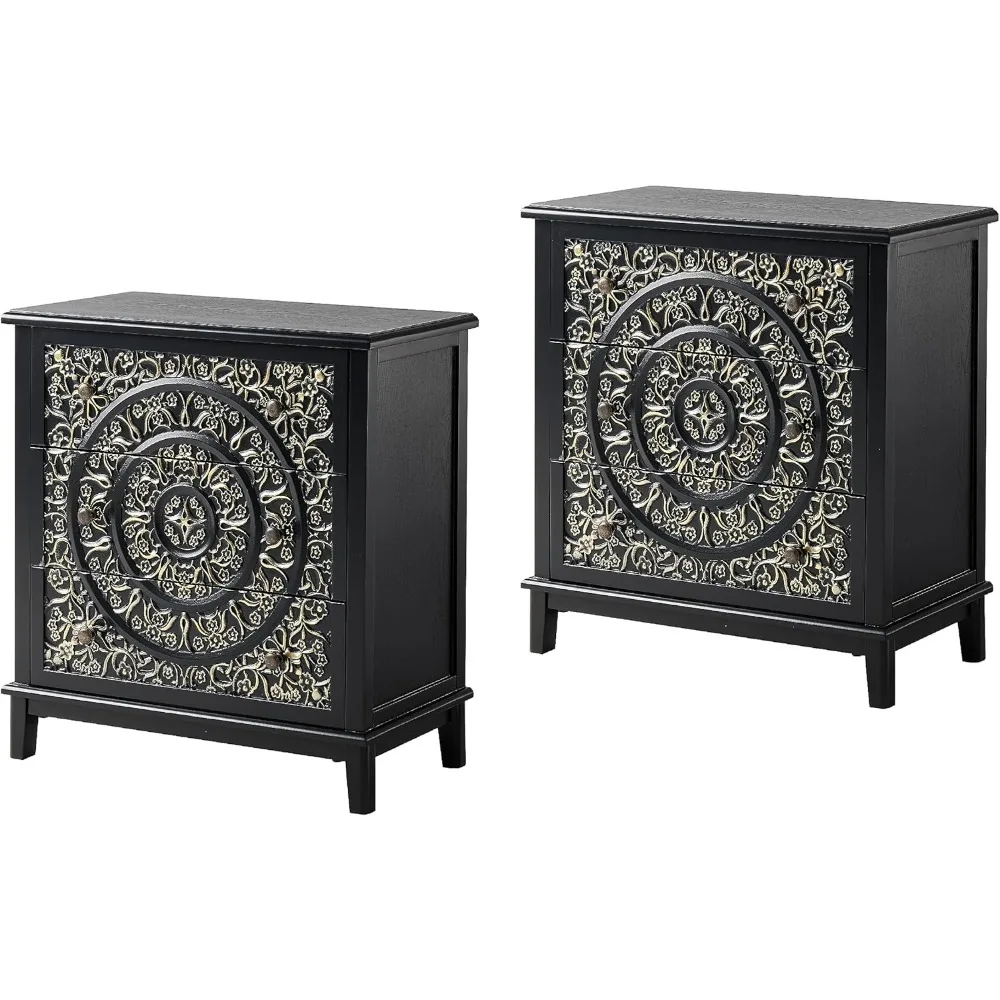 3-Drawer Fully-Assembled Flower Motif Dresser Set of 2 for French Country, Modern, Rustic Style, Distressed Finish, Gold & Black