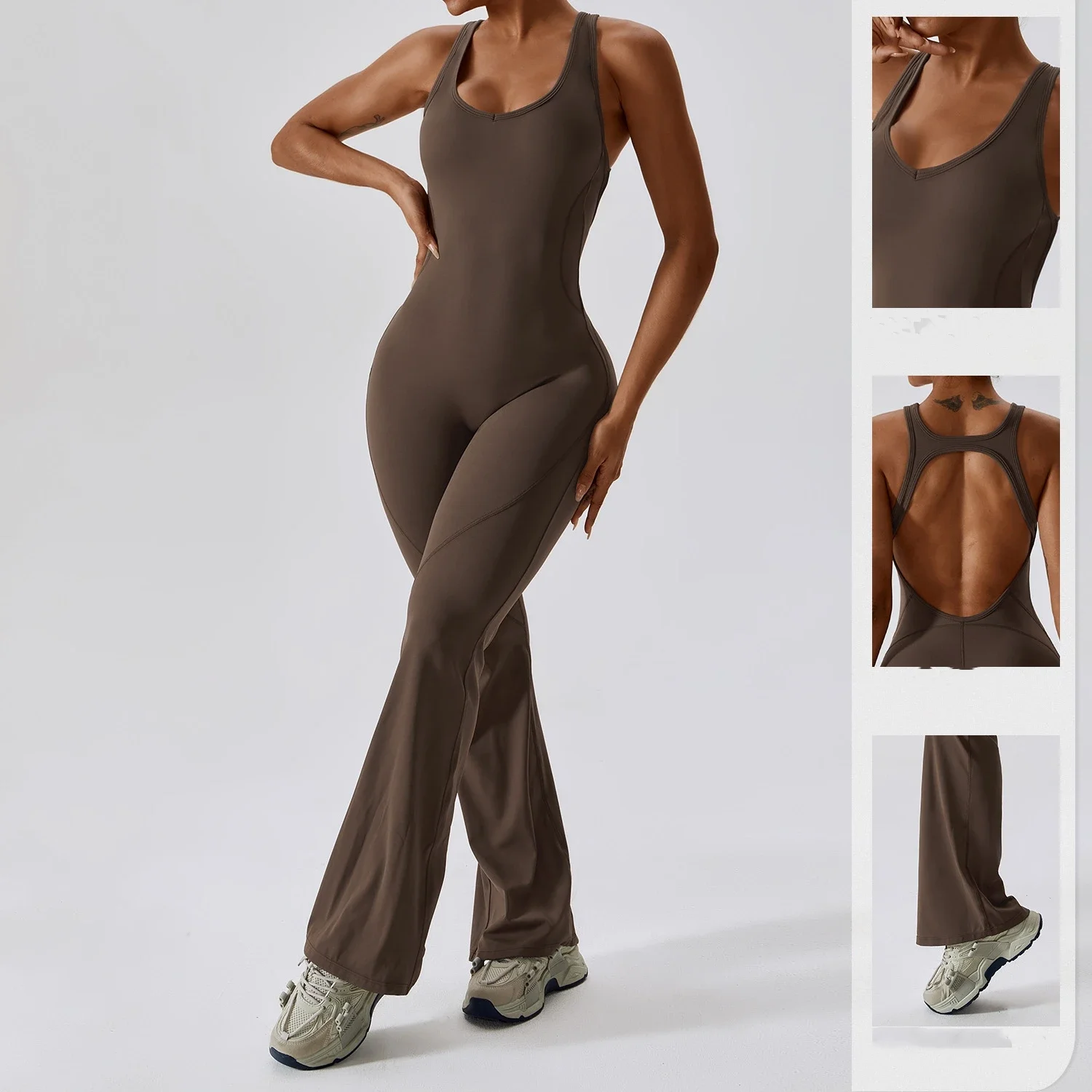 Backless Long Sport Flared Jumpsuits Women One Piece Fitness Overalls Black Brown Dance Jump Suit Women Gym Set