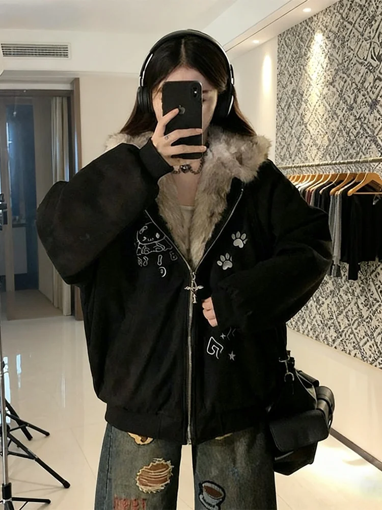 

Thiened Fce Women's Jaet with Hood Cartoon KT Mountain Eagle Design Winter Warm Cotton Coat American Sle Outerwear